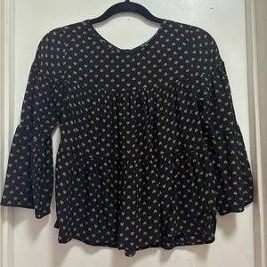Madewell 100% Silk Black Copper Hearts Print Cropped Tiered Blouse Sz XS